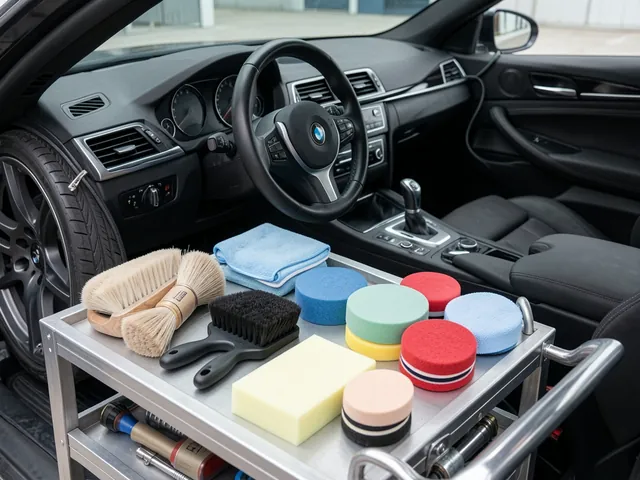 Clean detailing brushes and foam, microfiber, and wool polishing pads arranged on a detailing cart.