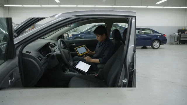 Diagnostic scanner connected inside a parked vehicle while a technician reviews service information