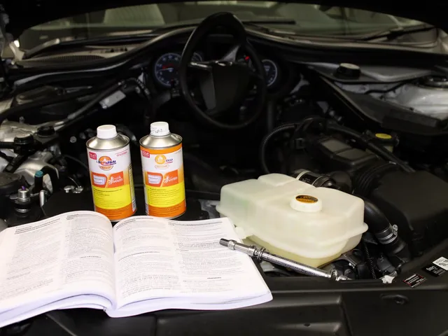Sealed brake fluid containers beside a vehicle handbook and a closed brake fluid reservoir