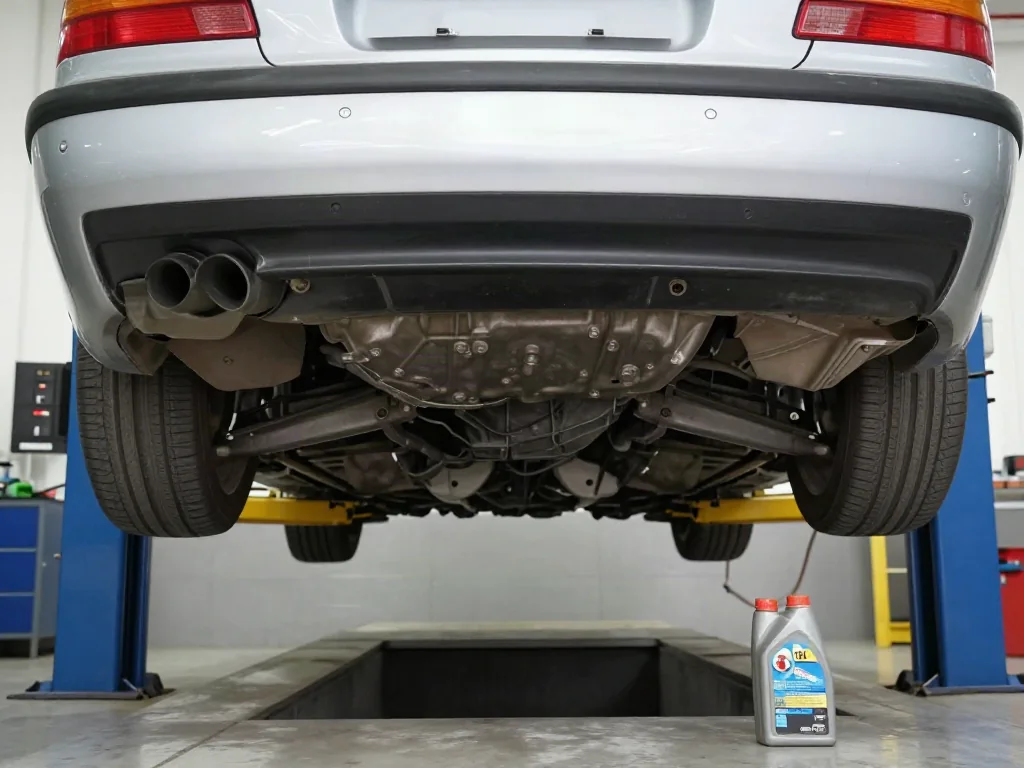 Rear differential housing of an older BMW sedan on a workshop lift, with a drain pan and a bottle of gear oil ready for a fluid change