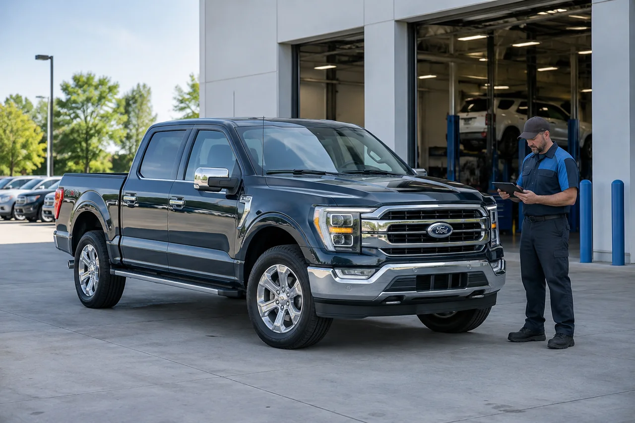 Ford F-150 PowerBoost parked outside an automotive service center for a hybrid battery evaluation