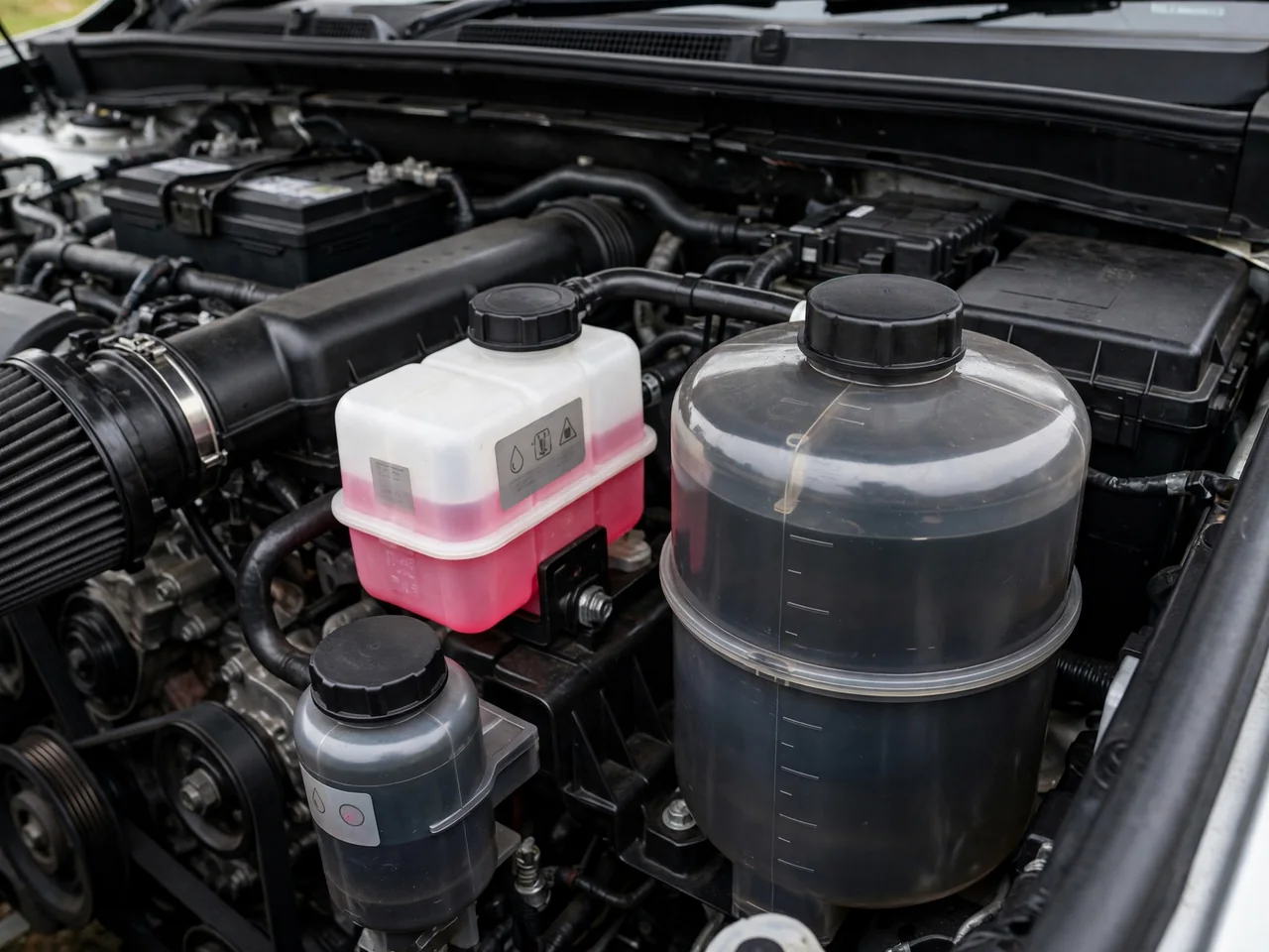 Power steering reservoir beside fluid containers with specification labels facing outward