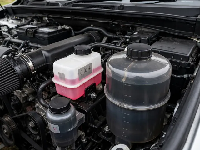 Power steering reservoir beside fluid containers with specification labels facing outward