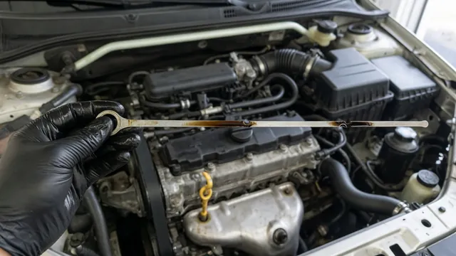 Engine oil dipstick showing an oil level above the maximum mark beside an open engine bay