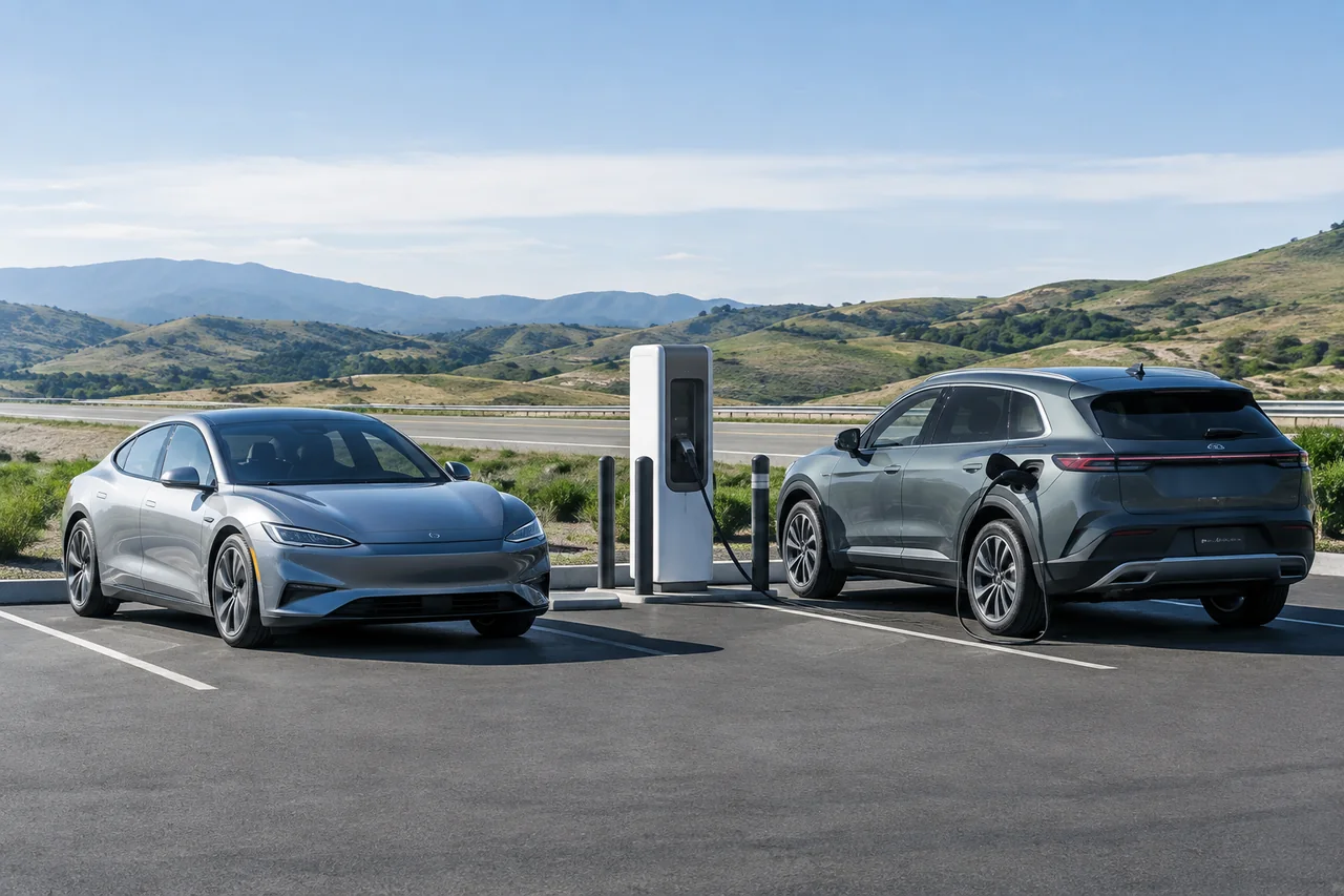 Electric sedan and SUV charging beside a highway rest stop with an open road in the background