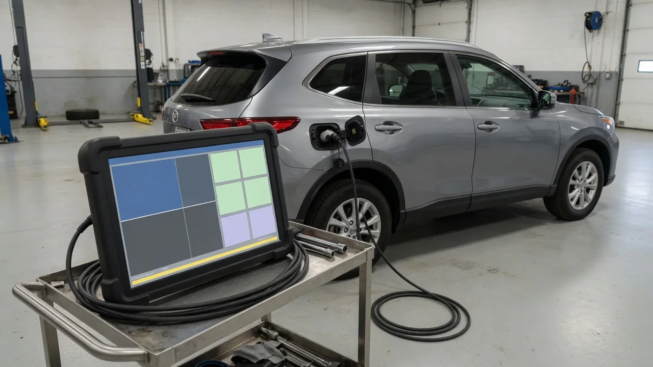 Diagnostic scan tool beside a parked vehicle during a check of a P1010 trouble code