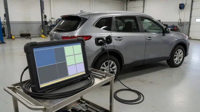 Diagnostic scan tool beside a parked vehicle during a check of a P1010 trouble code