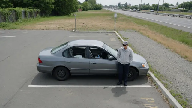 Driver waiting beside a parked car in a designated roadside parking area