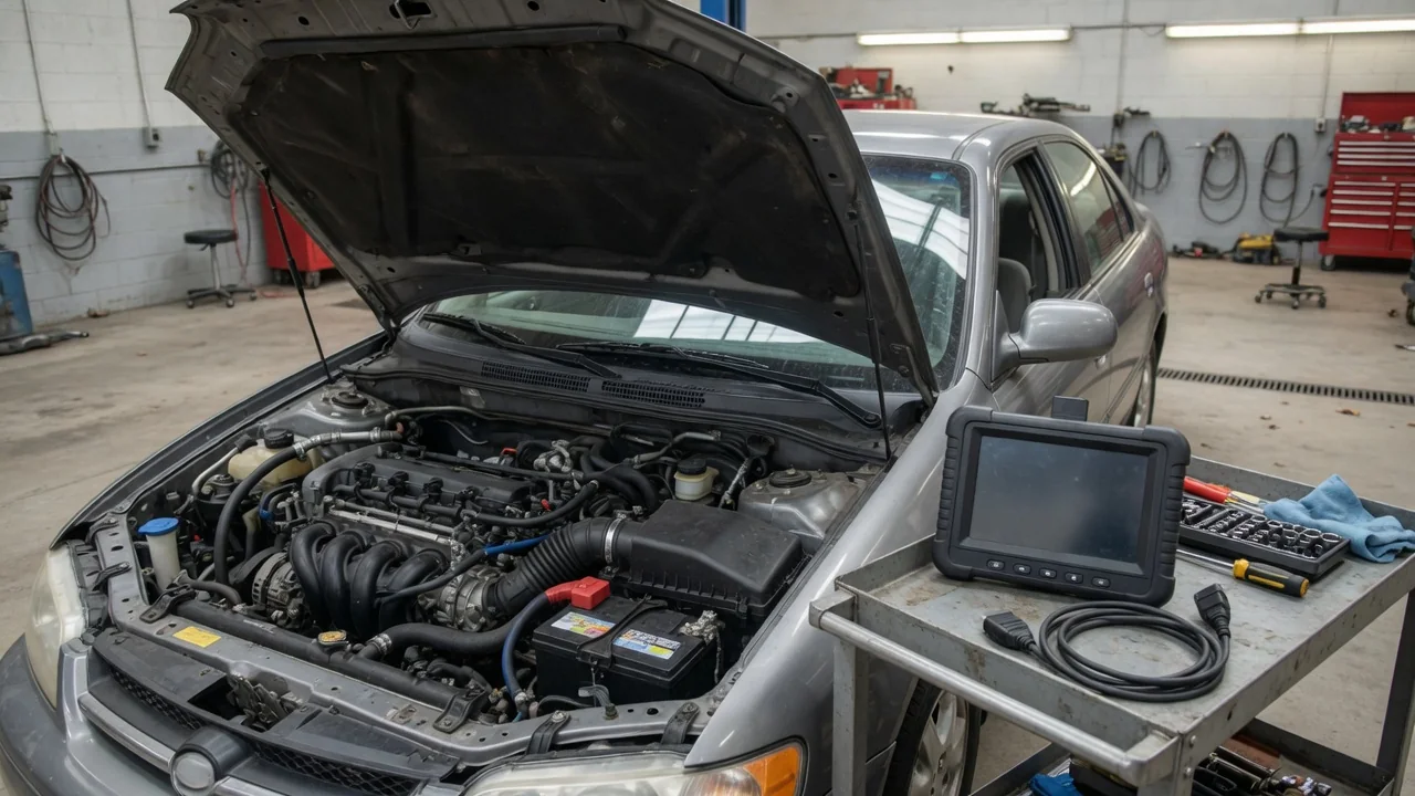 Diagnostic scanner beside an open engine bay during a fuel volume regulator circuit inspection