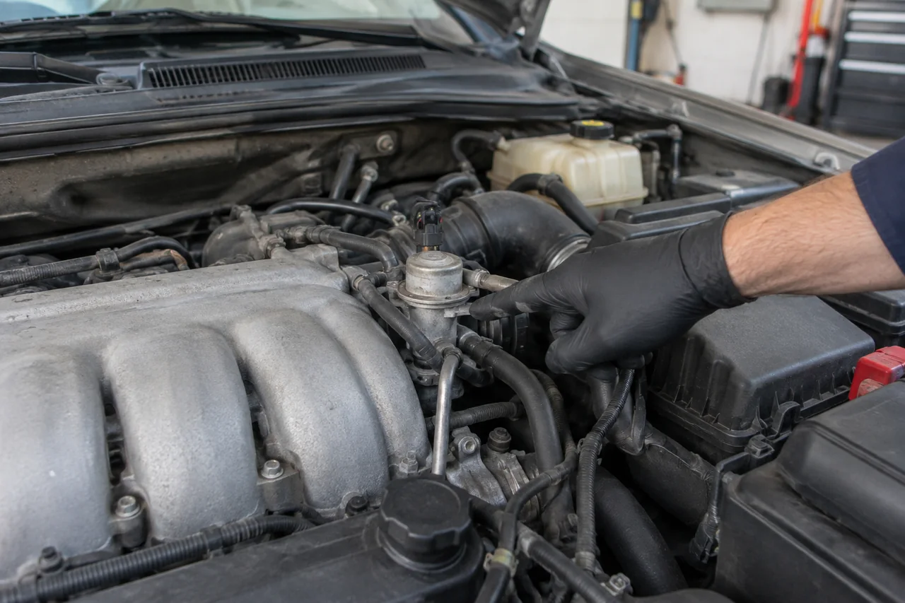 Gloved hand pointing to the EGR valve and its electrical connector in a V6 SUV engine bay