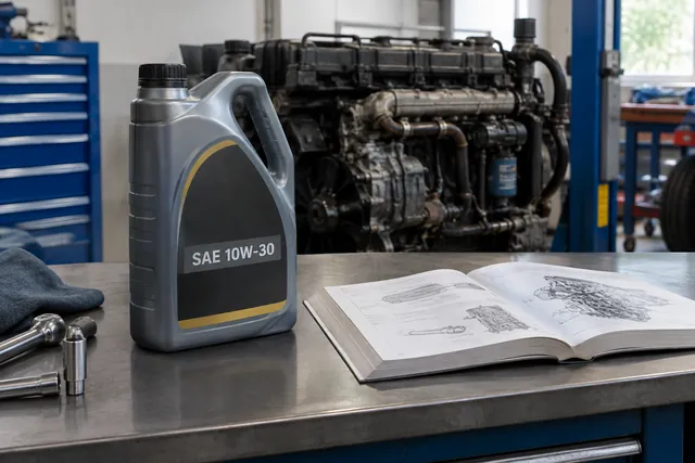 Diesel engine oil container beside a viscosity label and maintenance manual on a clean workbench