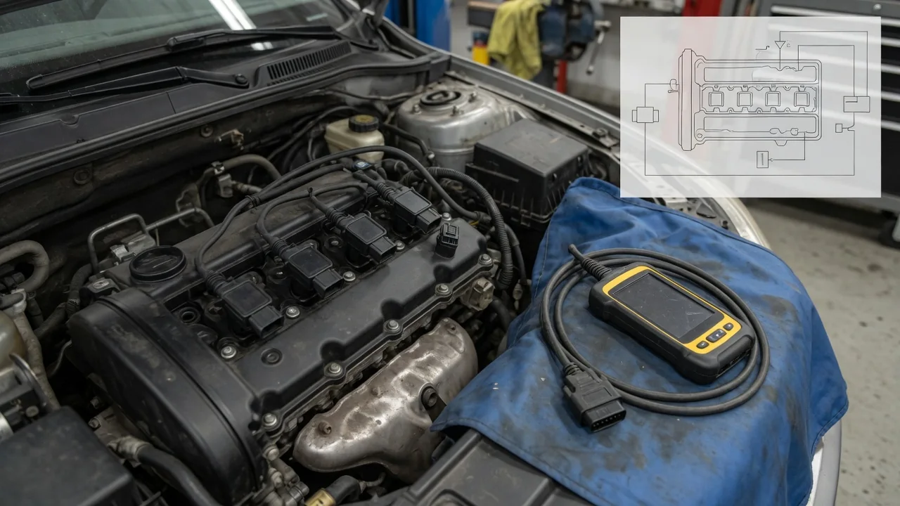 Engine ignition coils with an unplugged scan tool nearby and schematic labels E through I