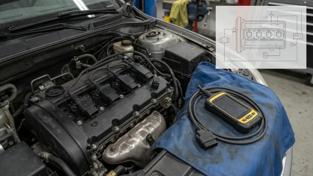 Engine ignition coils with an unplugged scan tool nearby and schematic labels E through I