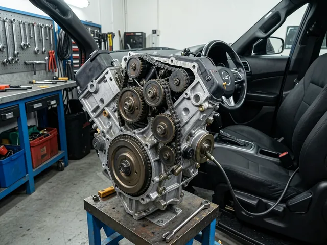 Timing chain and sprockets at the front of an LS engine on a workshop stand