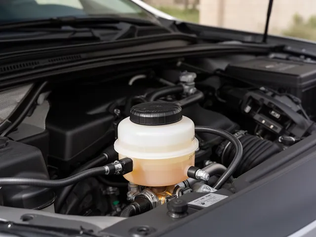 Power steering fluid reservoir with its cap secured in a parked vehicle’s engine bay