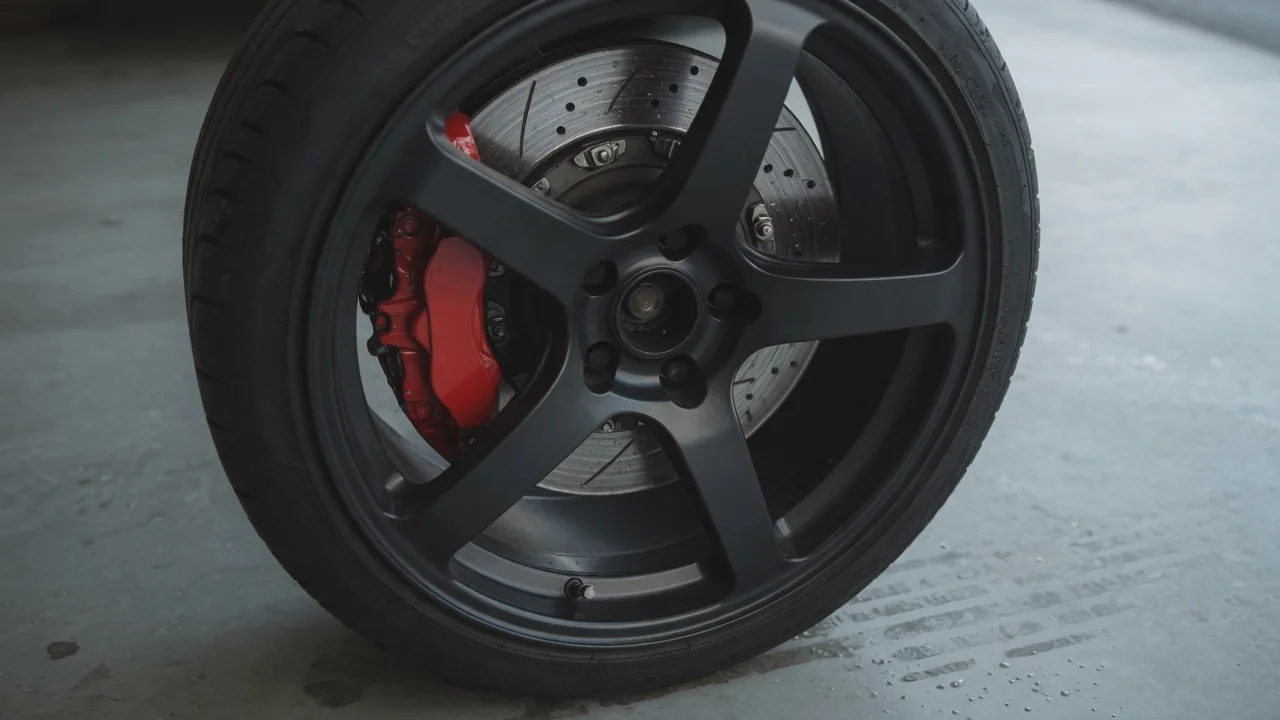 Close-up of a large multi-piston performance brake caliper and rotor behind the wheel of a parked sports car