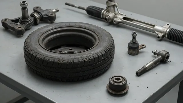 Front tire showing uneven tread wear beside labeled steering and suspension components