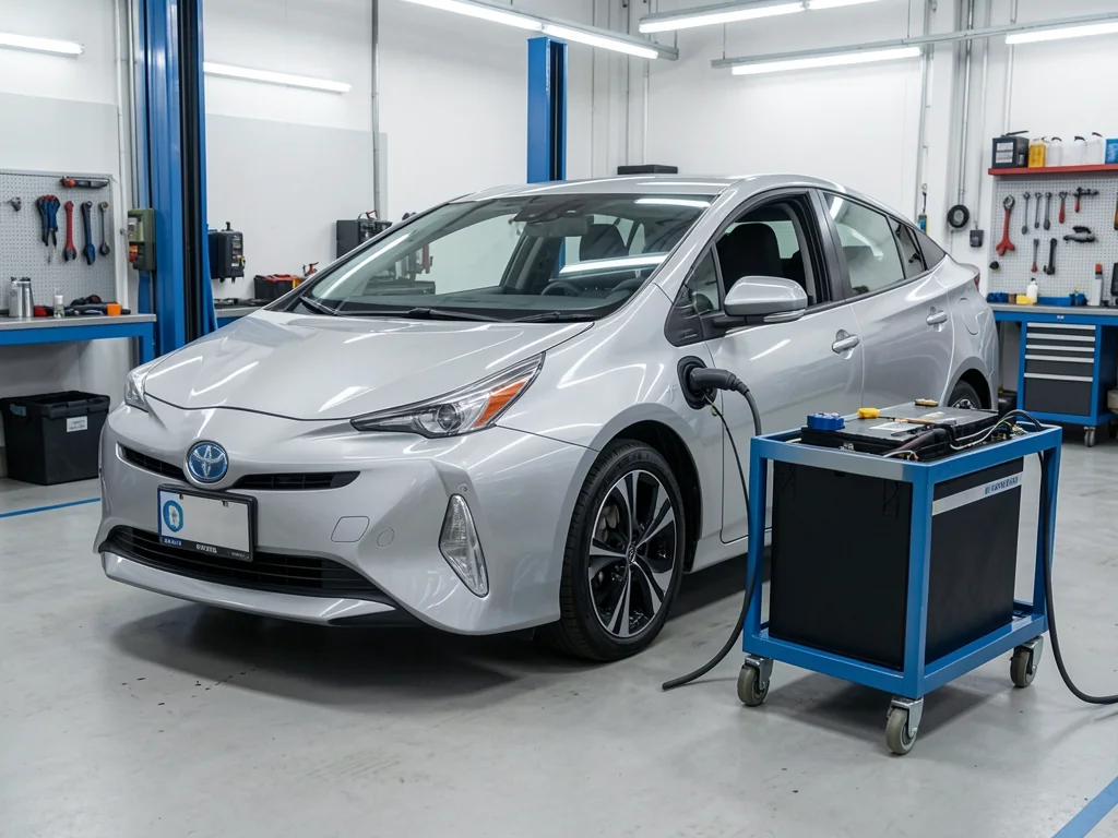 Toyota Prius in a service bay with a sealed hybrid battery pack on a nearby workshop cart