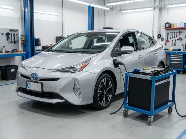 Toyota Prius in a service bay with a sealed hybrid battery pack on a nearby workshop cart