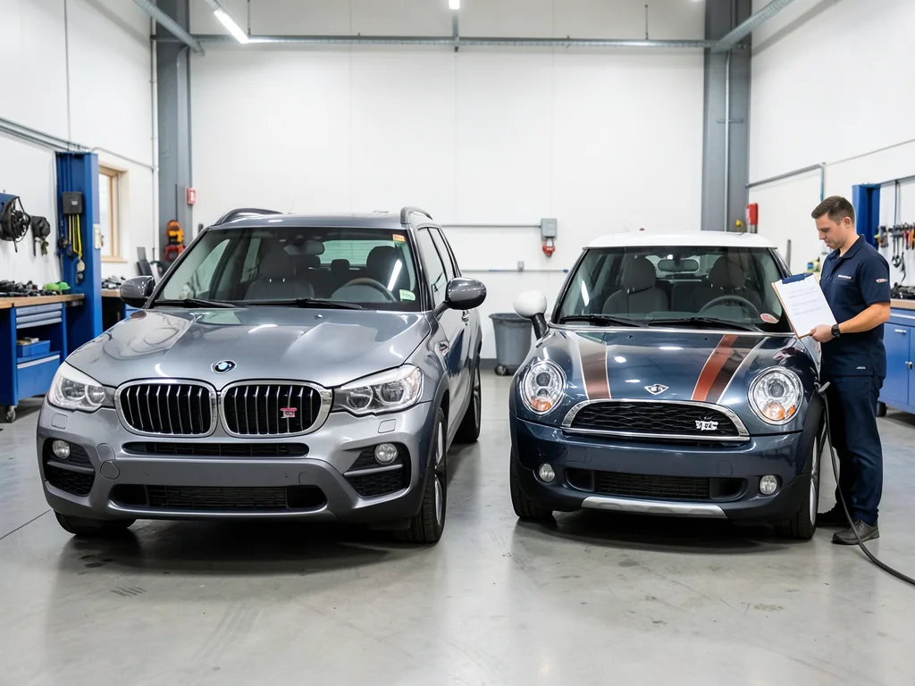BMW and Mini parked in a clean automotive workshop for brake fluid service