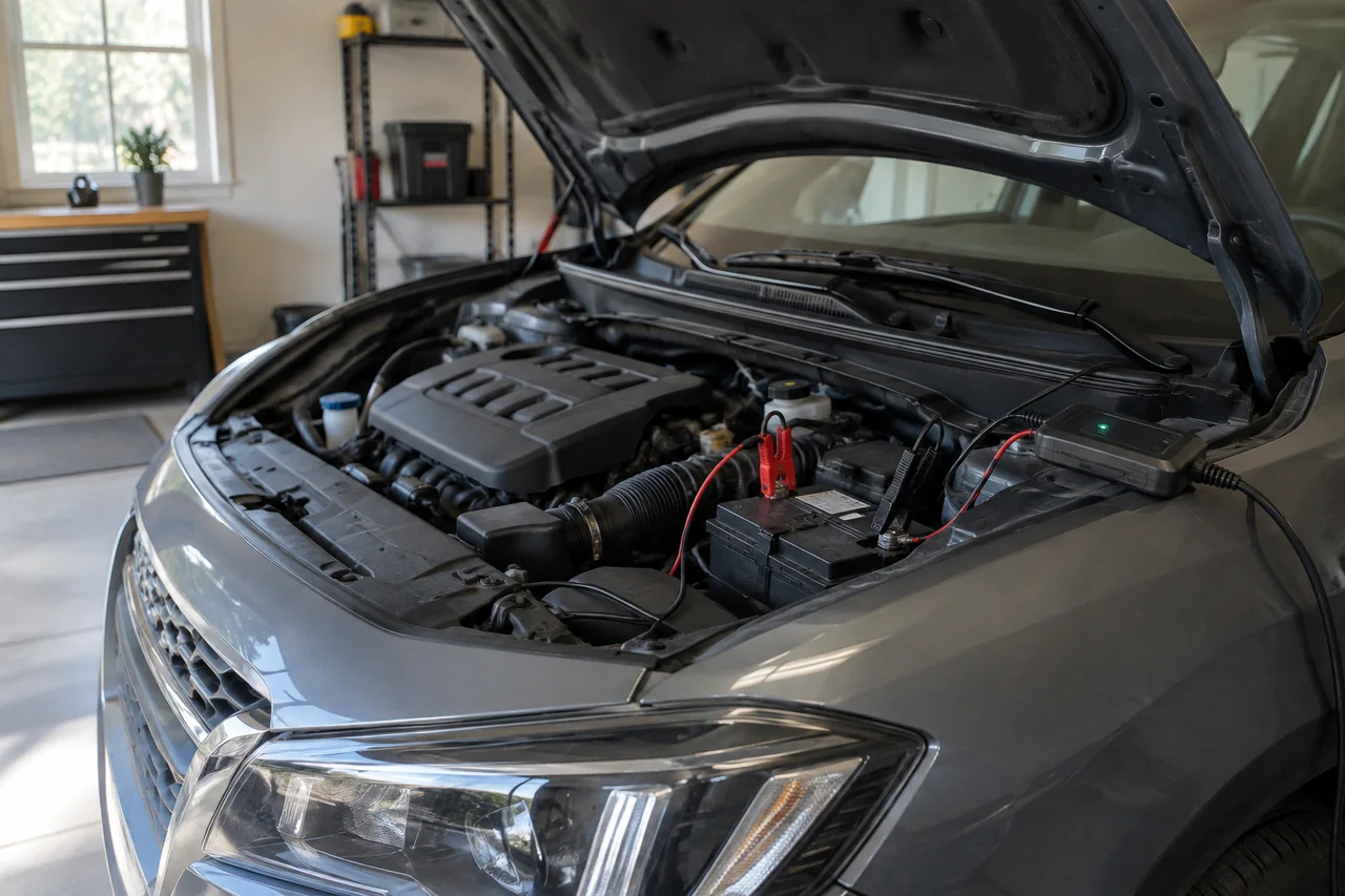 Battery maintainer connected to a car battery under an open hood in a home garage