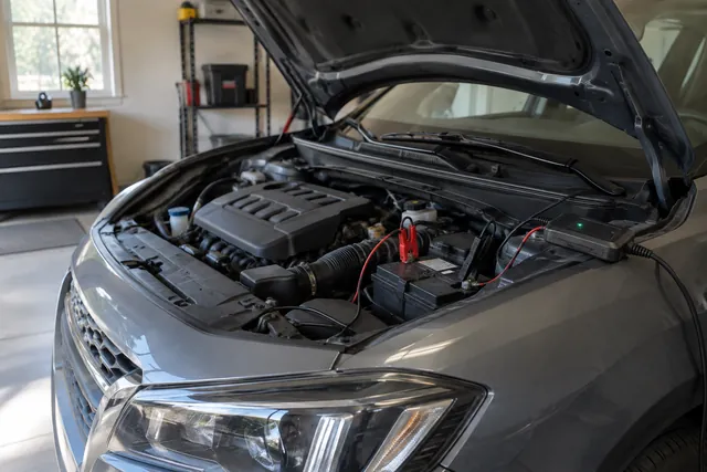 Battery maintainer connected to a car battery under an open hood in a home garage