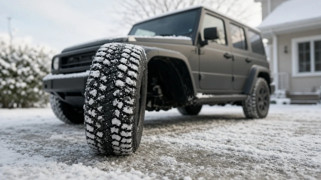 Toyota RAV4 parked on a snowy driveway with winter tire tread visible