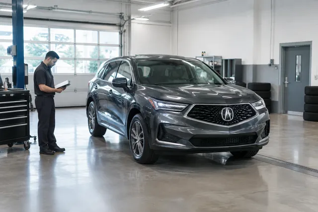 Acura MDX parked in a service bay with a technician reviewing maintenance records