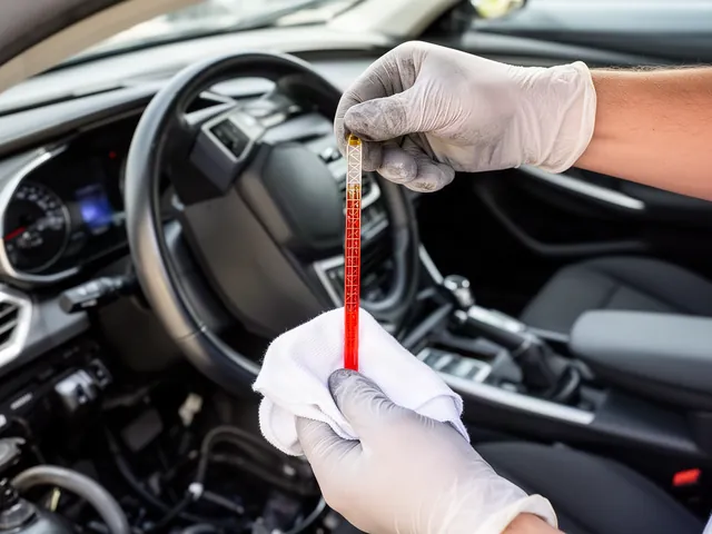 Gloved hand holding an automatic transmission fluid dipstick showing red fluid on the level marks above an open engine bay.