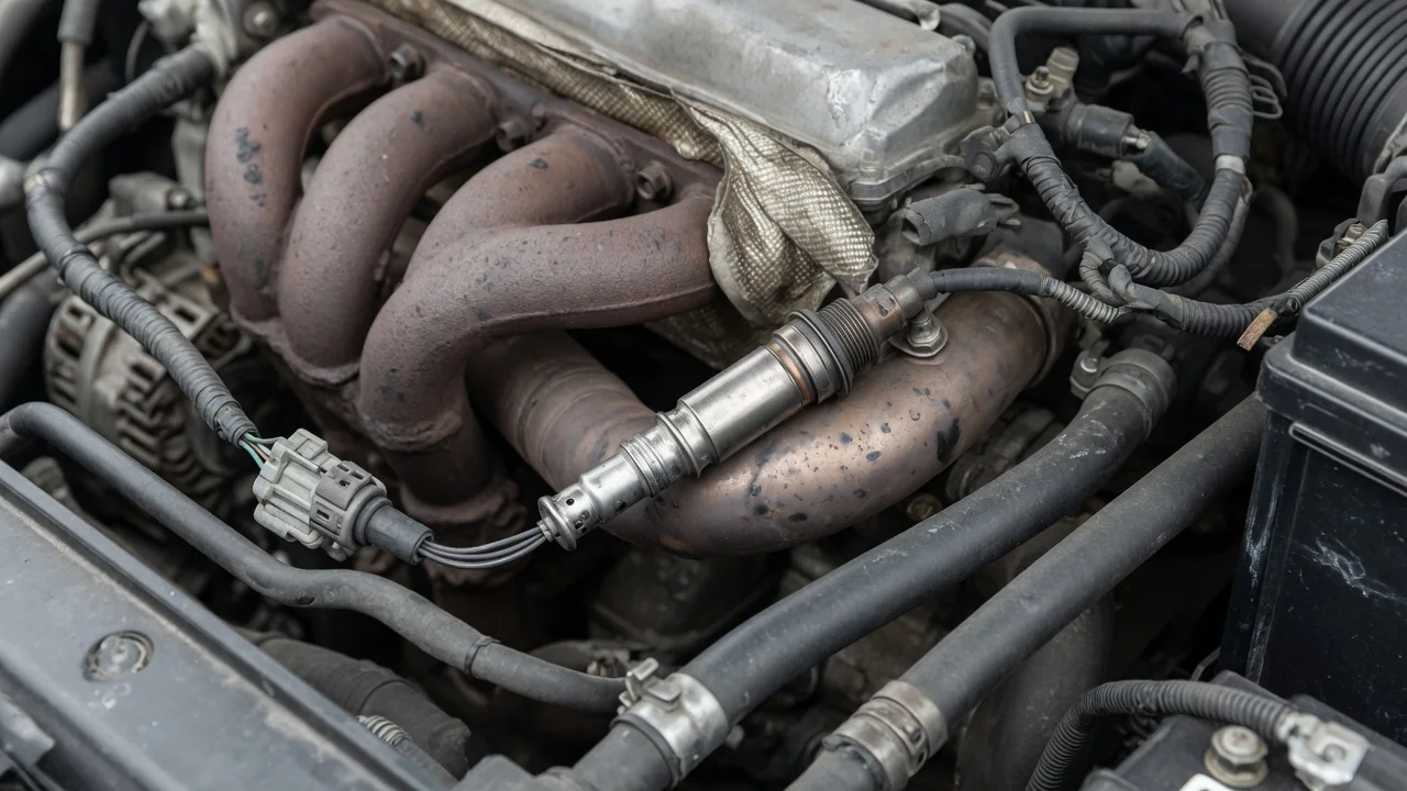 Upstream oxygen sensor and electrical connector near an engine exhaust manifold