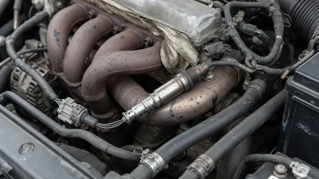 Upstream oxygen sensor and electrical connector near an engine exhaust manifold