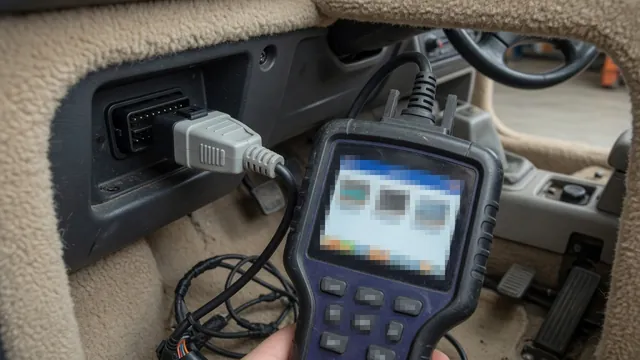 OBD-II scan tool connected under a car dashboard showing a list of diagnostic trouble codes