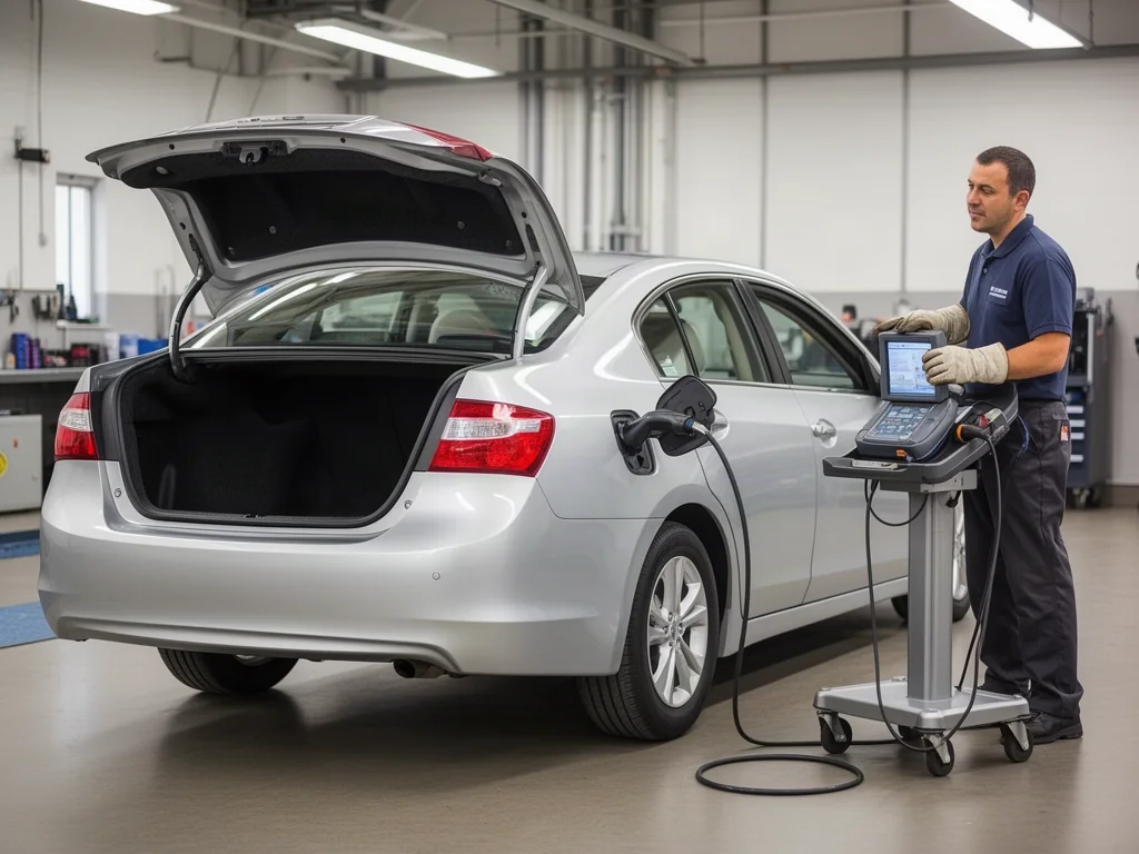 Midsize hybrid sedan in a service bay with a technician in insulated gloves preparing hybrid battery diagnostics
