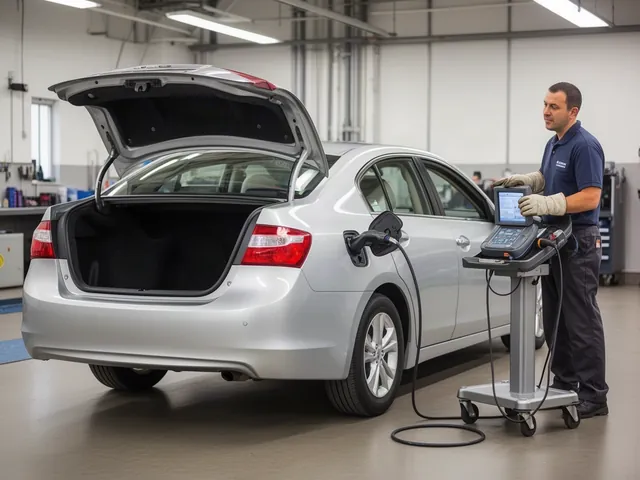 Midsize hybrid sedan in a service bay with a technician in insulated gloves preparing hybrid battery diagnostics