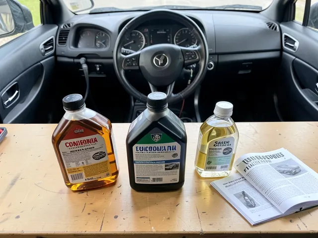 Three unlabeled engine oil bottles with a new oil filter and an open owner's manual on a workshop bench