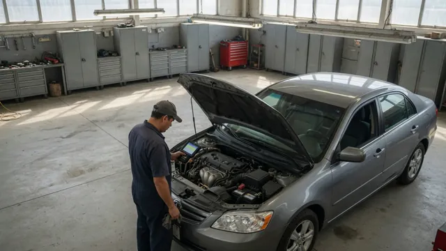 Technician reviewing diagnostic scan data beside a vehicle with its hood open