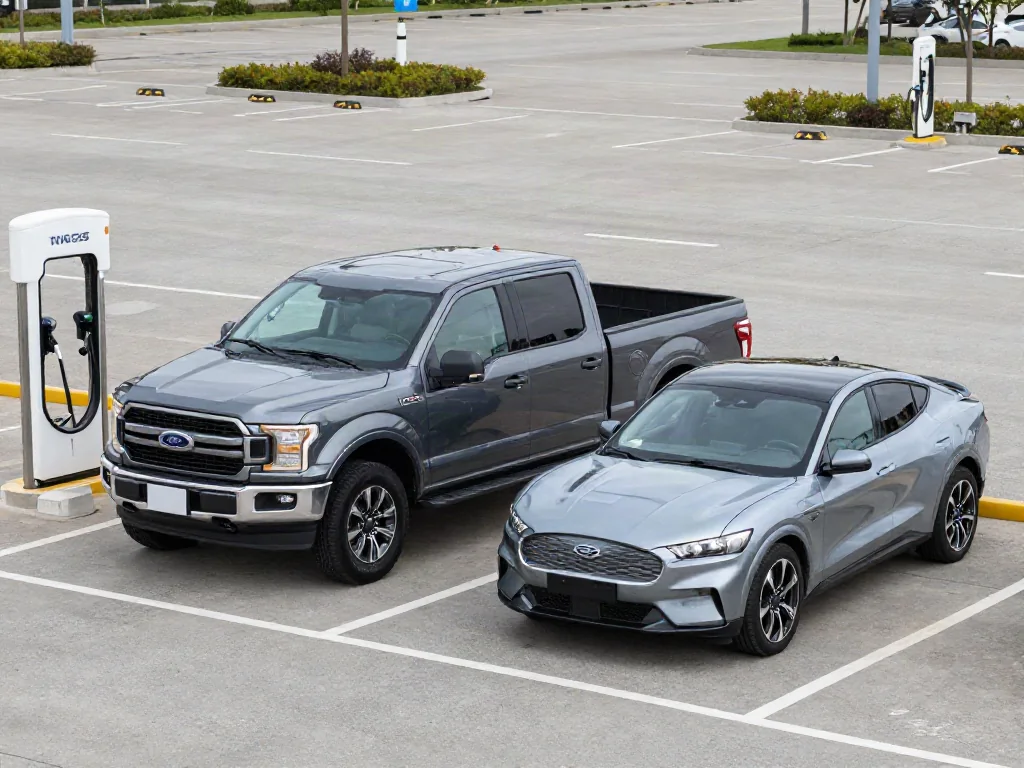 Ford F-150 Lightning, Mustang Mach-E and Focus Electric parked near public charging stations