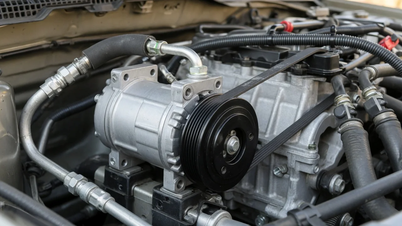 Car AC compressor with clutch pulley and refrigerant lines mounted in an engine bay