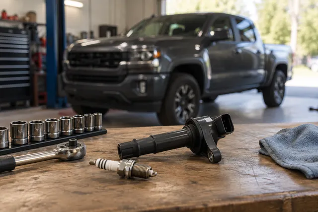Spark plug and ignition coil beside a socket set on a clean automotive workbench