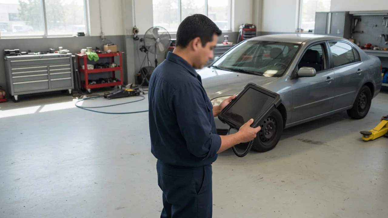 Technician reviewing transmission diagnostic data on a scan tool beside a parked vehicle