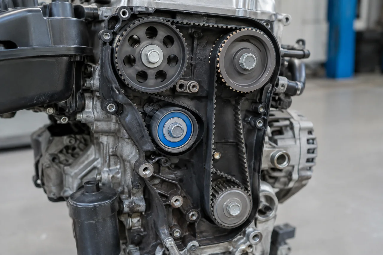 Timing belt tensioner and toothed belt shown in a close-up engine illustration