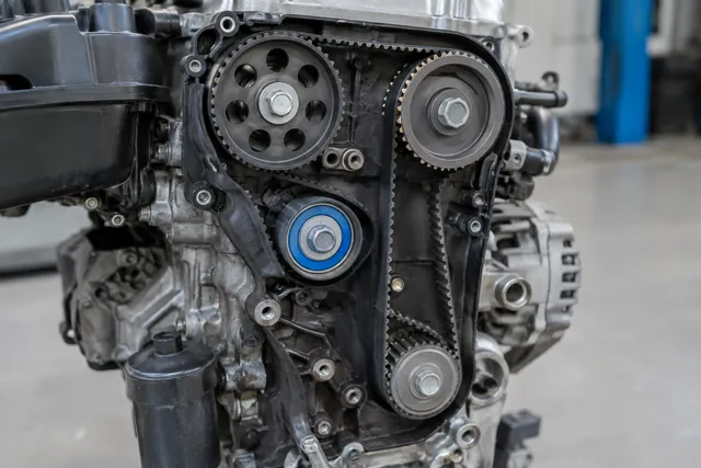 Timing belt tensioner and toothed belt shown in a close-up engine illustration