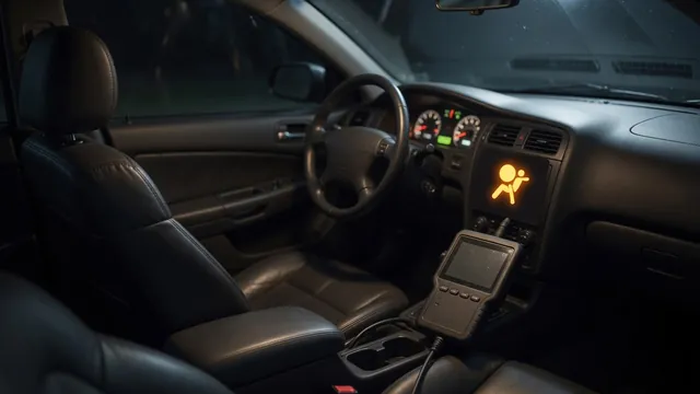 Illuminated airbag warning symbol on a vehicle dashboard with a diagnostic scanner nearby