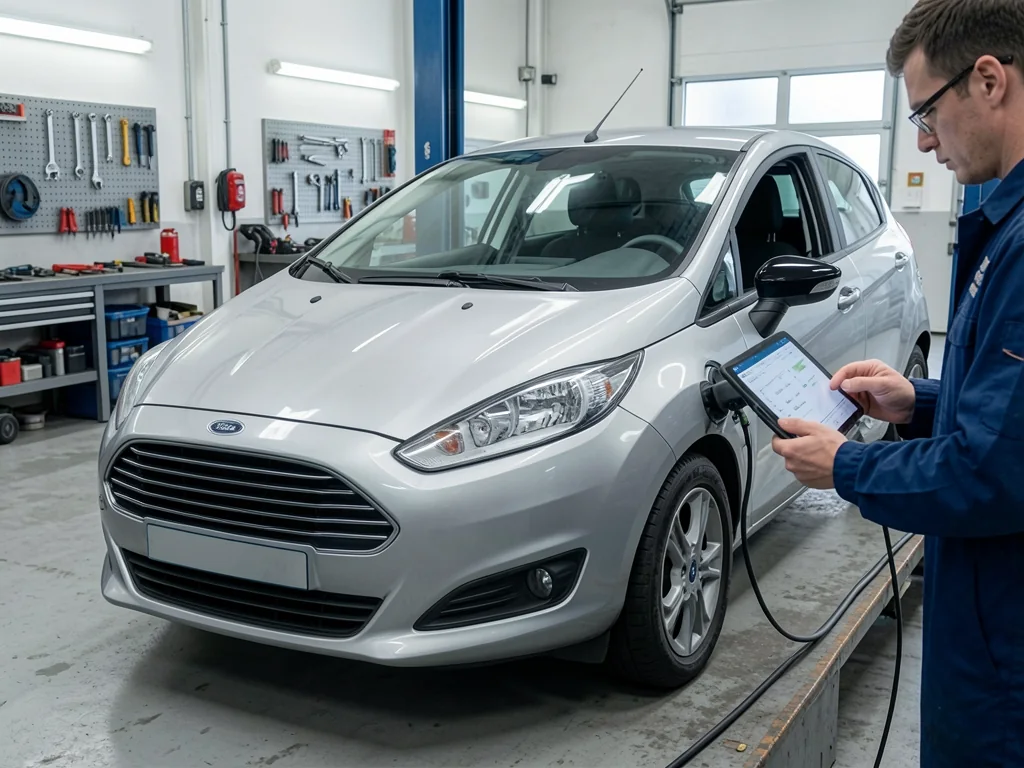Technician reviewing timing system service information beside a Ford Fiesta