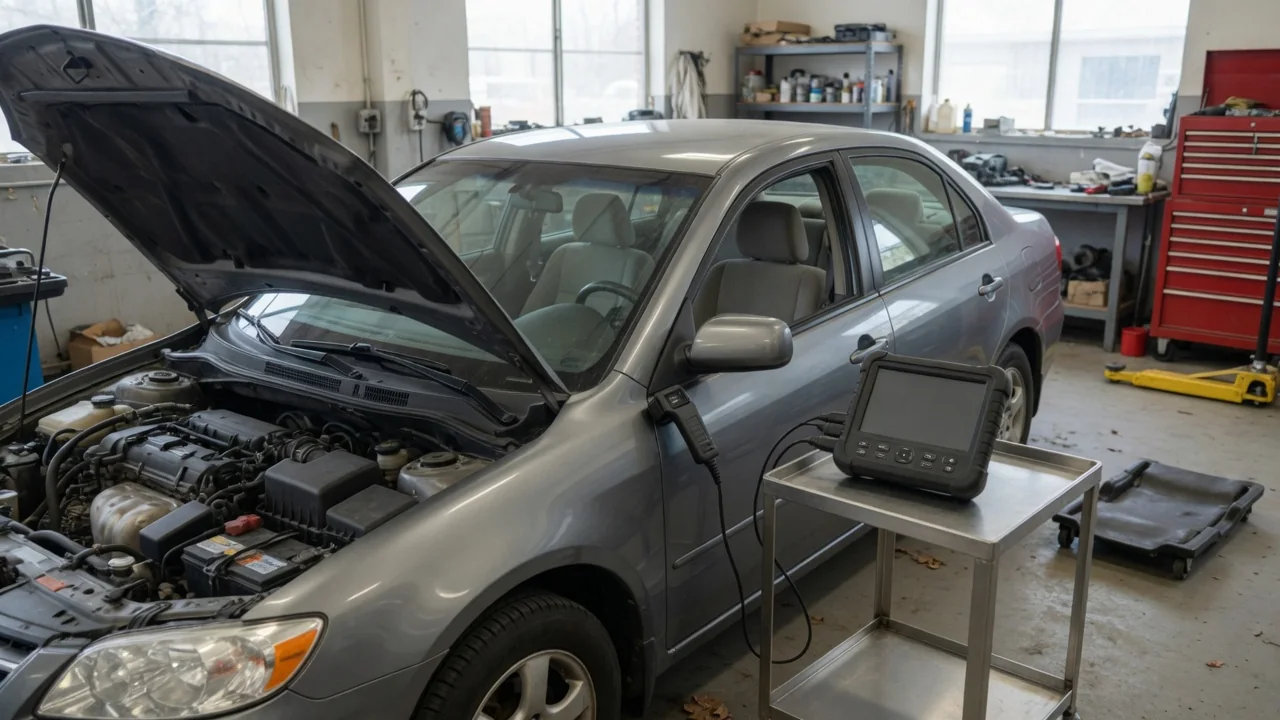 Diagnostic scan tool beside a vehicle with its hood open in an automotive workshop