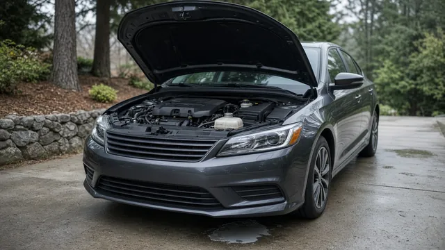 Coolant reservoir and hoses in a parked car with a small puddle beneath the engine bay