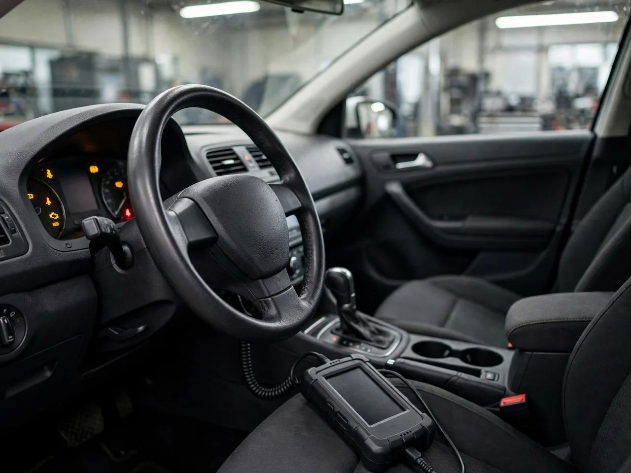 Toyota or Lexus hybrid dashboard warning lights with a diagnostic scanner beside the steering wheel