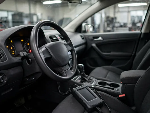 Toyota or Lexus hybrid dashboard warning lights with a diagnostic scanner beside the steering wheel