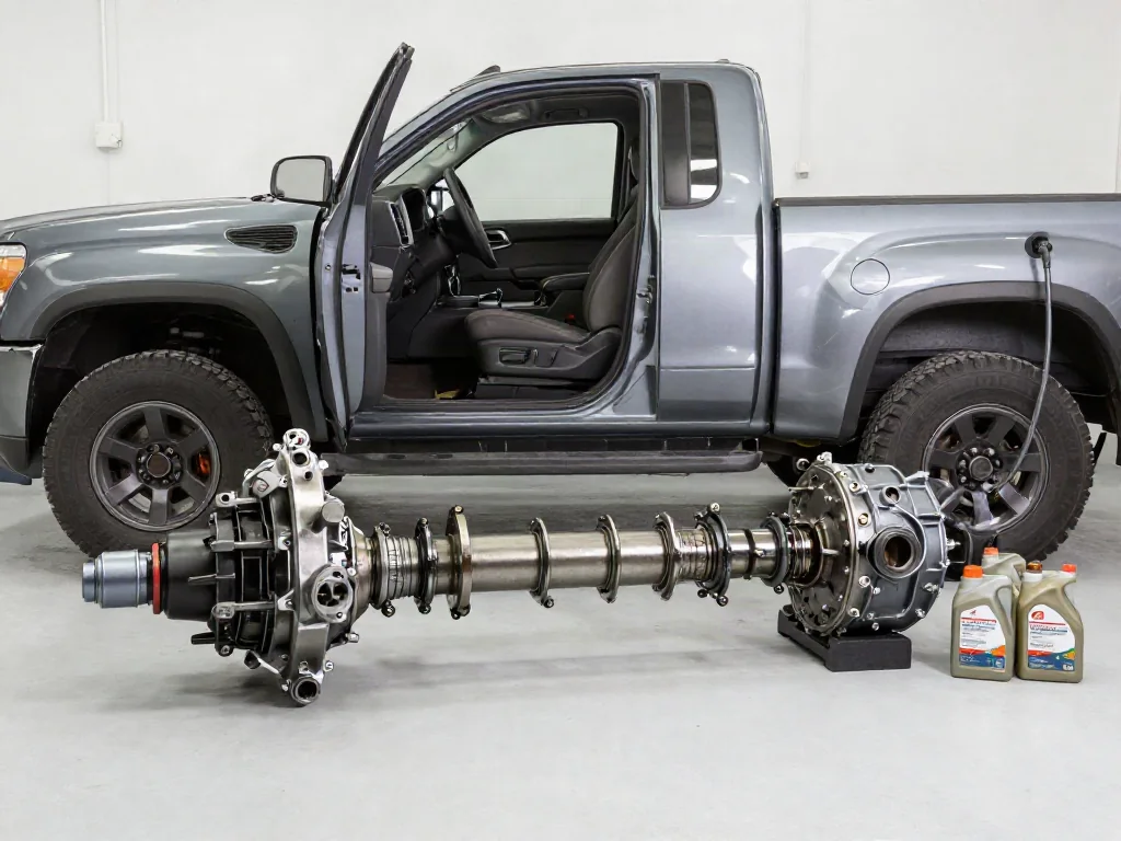 Rear differential housing beneath a GM truck with sealed gear oil containers nearby