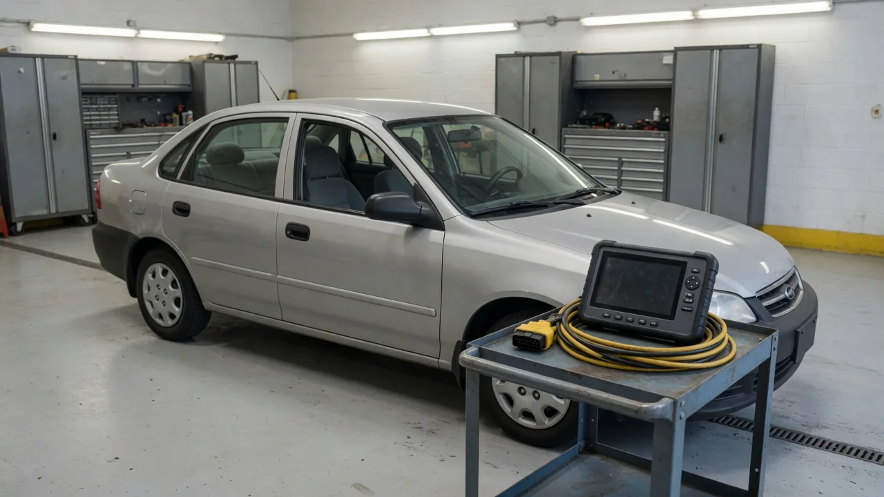 Diagnostic scanner beside a parked vehicle with its engine off